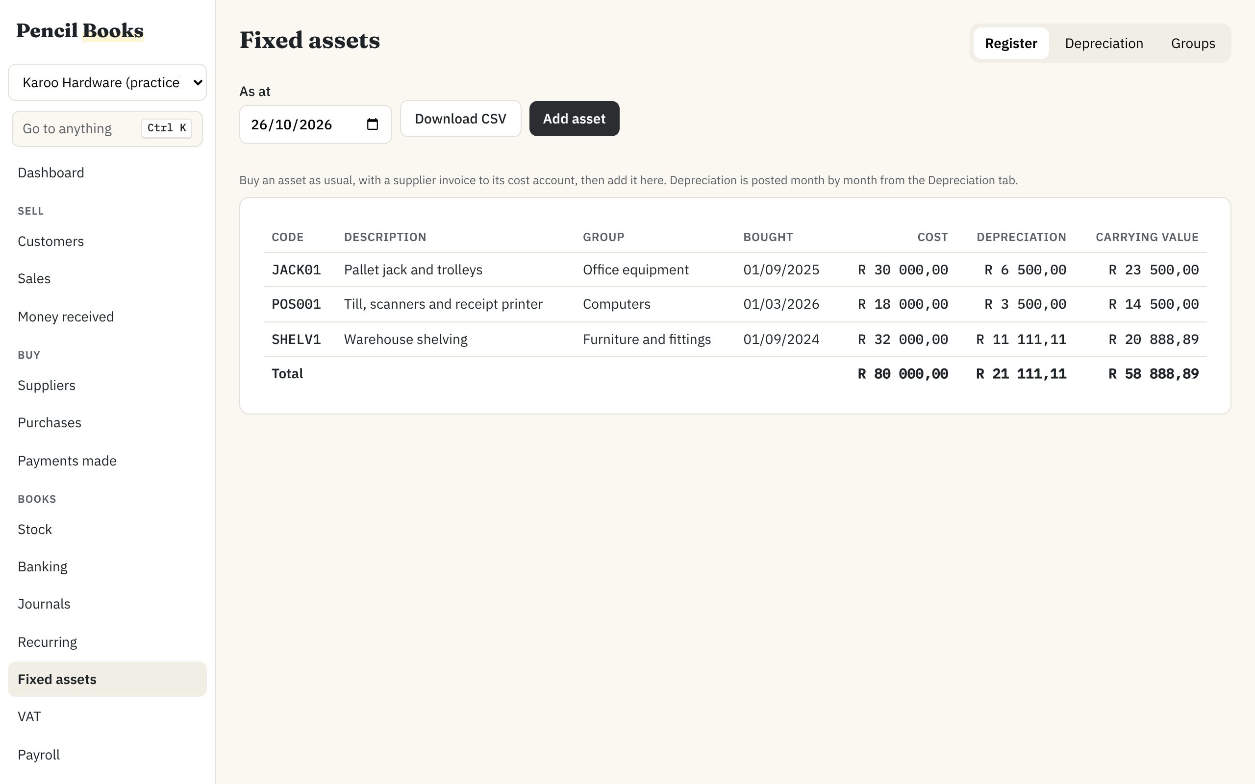 The fixed asset register: shelving, a pallet jack and a till system, with cost, depreciation and carrying value.
