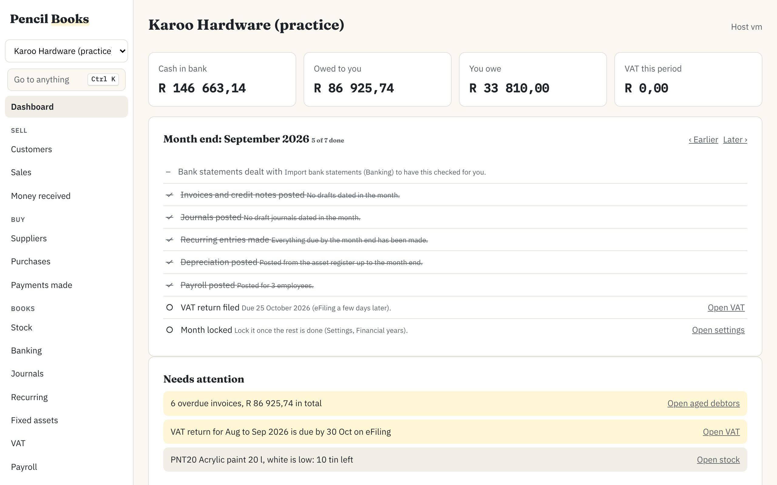 The Pencil Books dashboard for a practice company: cash in bank, money owed both ways, the month-end checklist with most items ticked, and what needs attention: overdue invoices, the VAT return due, stock running low.