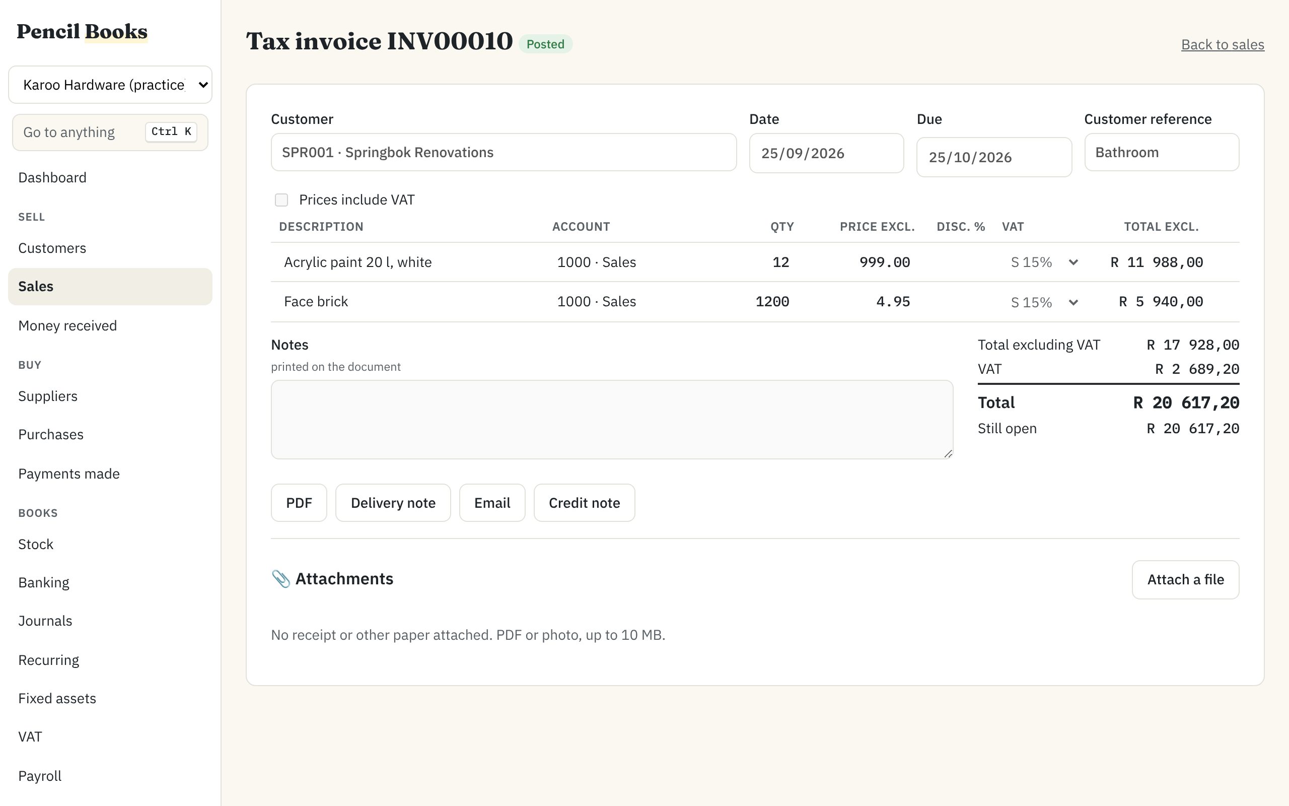 A posted tax invoice to Springbok Renovations, with two lines, VAT at 15% and a total of R 20 617,20, and buttons for PDF, delivery note, email and credit note.