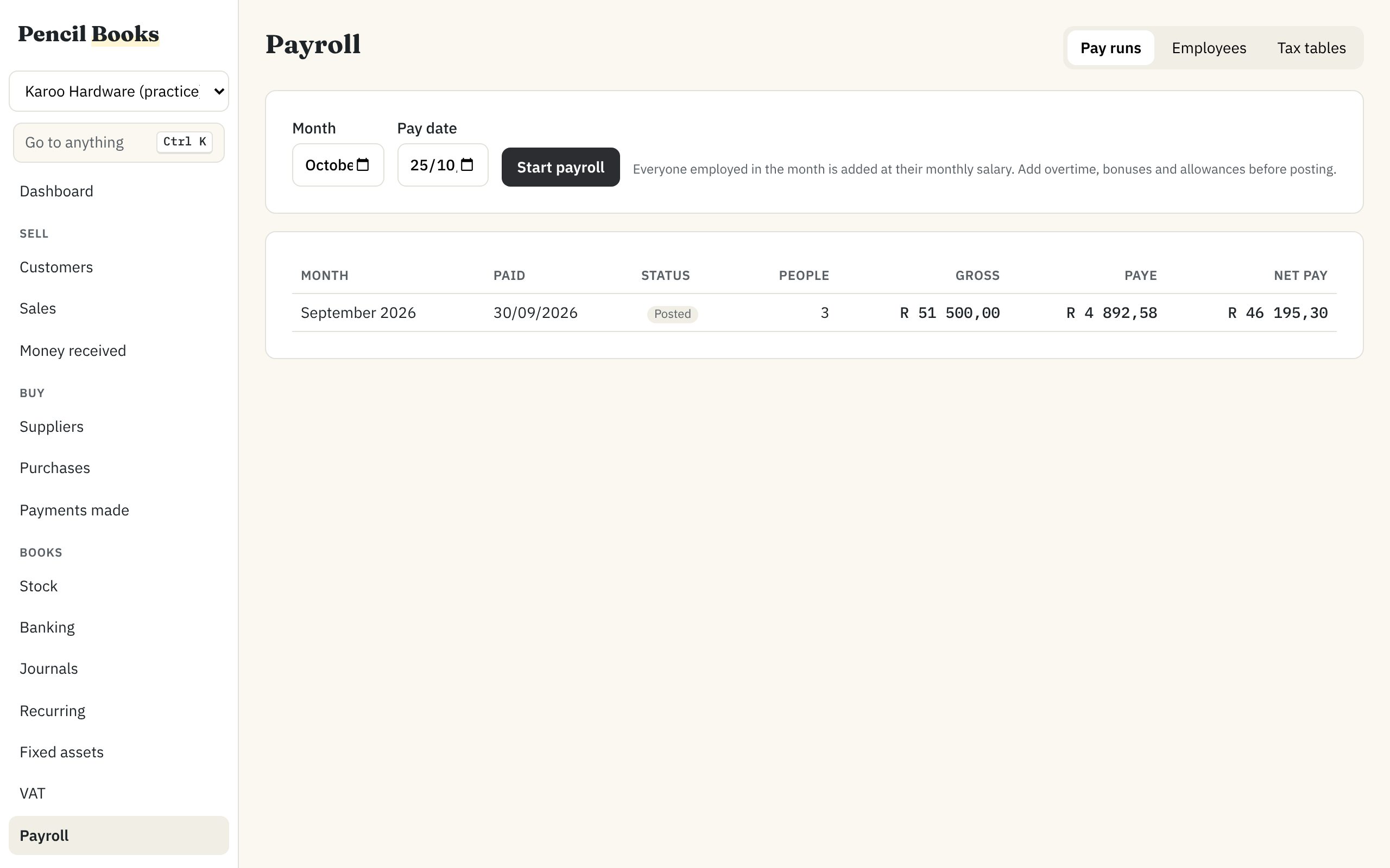 Payroll: the September 2026 pay run for 3 people, posted, with gross pay, PAYE and net pay.