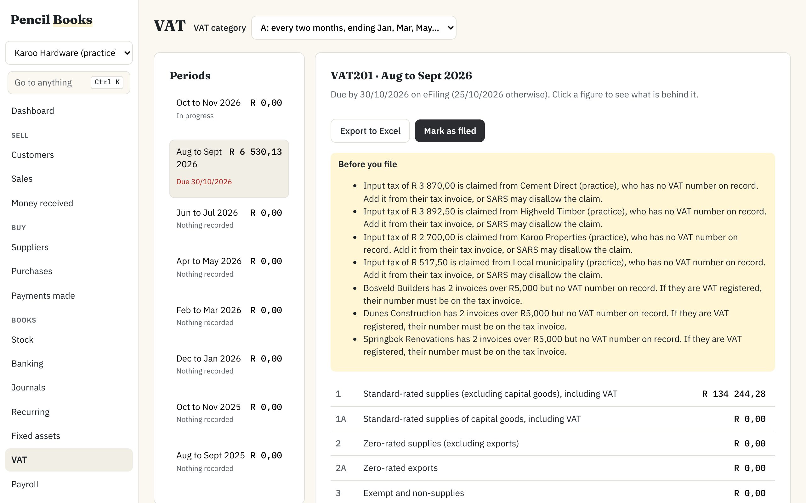 The VAT201 for August to September 2026, with a list of checks before filing and the first fields of the return.